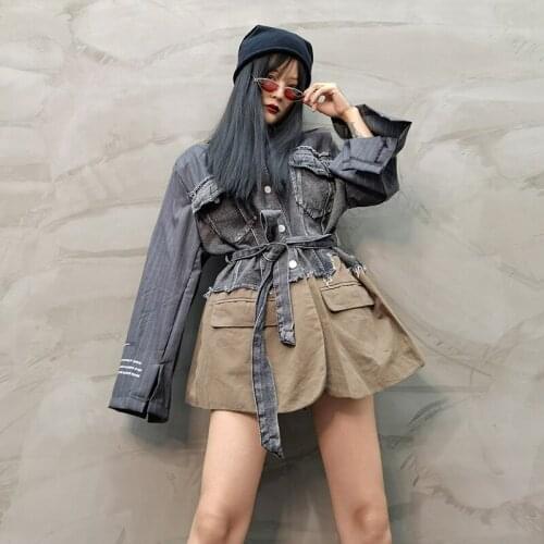 Womens suit jacket autumn casual loose striped stitching denim fashion waist slim suit Y762