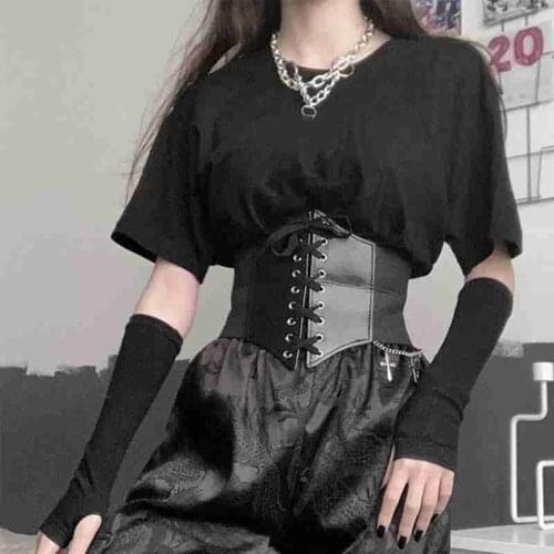 Gothic Dark Lace Up Female Waist Corset Belt Wide PU Leather Belts Women Fashion Slimming Waistband Adjustable Dress Girdle