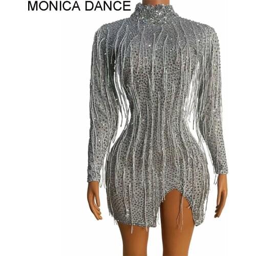 Women Sexy Silver Rhinestone Tassel Club Party Dress Backless Birthday Prom Bodycon Dress Latin Dance Fringes Dress Stage Outfit