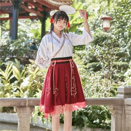 Summer Woman Japanese Traditional Dress Embroidery Ancient Fashion Kimono Girls Japanese Style Clothes Outfits Lace Up Skirt