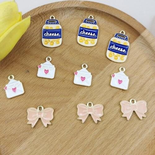 10pcs Cheese Can Pink Bow Envelope Enamel Charms Alloy Pendants Fit DIY Earrings Bracelet Jewelry Accessory Decor FX1012