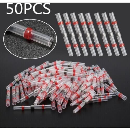 50Pcs AWG22-18 Red Seal Soldering Sleeve Heat Shrink Butt Terminal Electrical Wire Connector Kit Waterproof Insulated