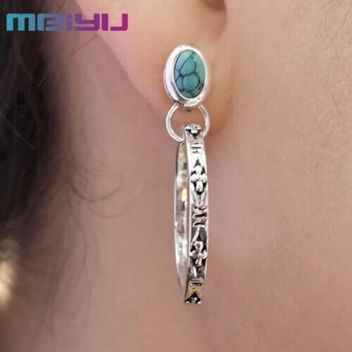 Bohemian Style New Retro Turquoise & Red Agate Gemstone Earrings Womens Ancient Silver Geometric Large Circle Pendant Earring