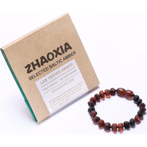 Raw Baltic Amber Teething Bracelet for Baby(Cherry Raw - Unpolished) - Handmade in Lithuania - Lab-Tested Authentic - 2 Sizes