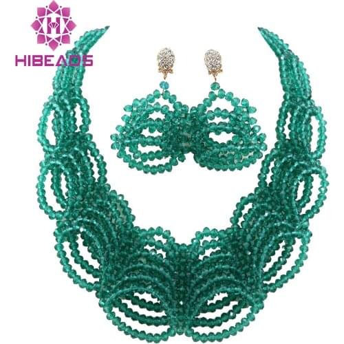 Marvelous African Beads Wedding Jewelry Set Teal Green African Costume Jewelry Set Statement Necklace Earrings Set WB096