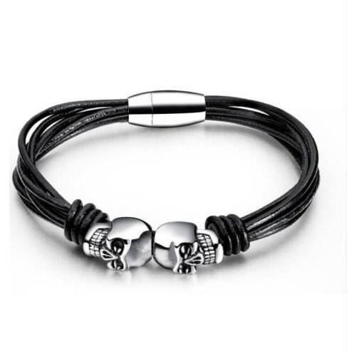 Classic Punk Gothic Style Black Multilayer Leather Rope Metal Skull Bracelets Mens Rock Party Jewelry