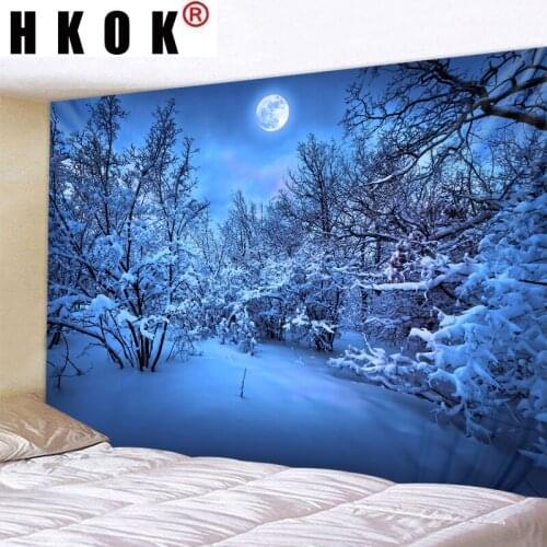 HKOK Night Snow Moon Landscape Tapestry Wall Hanging Wall Covering Rugs Background Cloth Beach Mat Blanket Art Home Decor