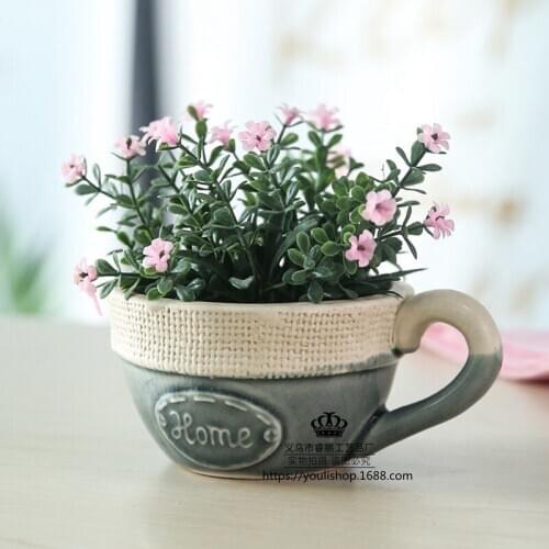 Idyllic Creative Home Ceramic Flower Pot Decoration Imitation Burlap Coffee Cup Succulent Ceramic Flower Pot Office Furnishings