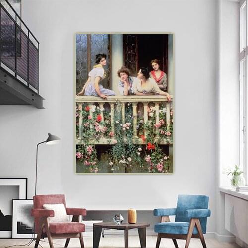Canvas Oil Painting Eugene De Blaas"Balcony.1911"Wall Aesthetic Backdrop Western Art Decor Poster Home Interior Decoration
