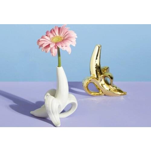 Creative Home Ceramics Matte White Gold Banana Bud Vase Fruit Tabletop Small Mouth Ornament Jar Home Decor