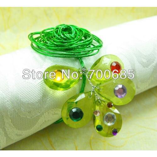Green crystal napkin rings beaded wedding with metal rose, napkin holder