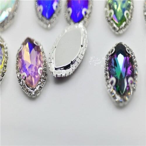 Horse Eye Sew On Rhinestones With Silver Claw Crystal Navette for Costume Dress 17x32mm