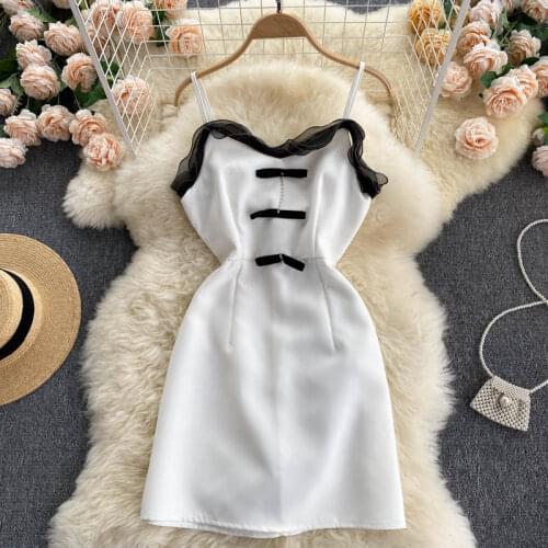 Summer Ruffled Color Contrast Patchwork Dress For Women Slim Short Sexy Strap Dress Female High Waist A Line Korean Short Dress