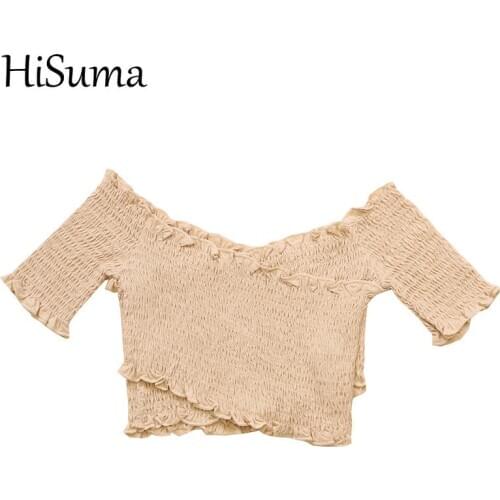 HISUMA Summer Women Slash Neck Flare Sleeve Cross Strapless Ruffles Shirt Sexy Lady Short Elastic Slim Waist Chic Blouse Tops