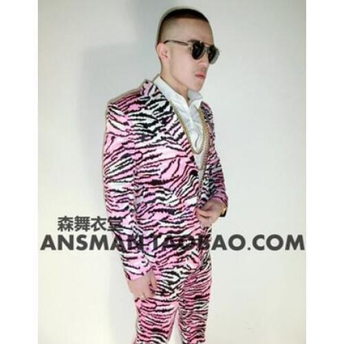 M-5XL!! 2018 male singer nightclubs with money pink zebra stage costumes suit