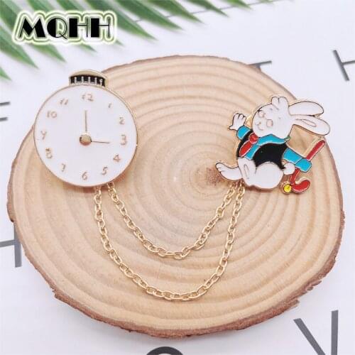 Cartoon Cute Animals Rabbit Clock Enamel Pins Creative Chain Disassembly Alloy Brooch Badge Clothes Accessories Jewelry Gifts