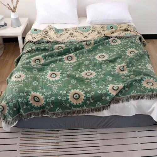 Soft Cotton Boho Blanket Bedspread for Bed Green Muslin Printed Large Summer Blanket Throw Cover for Sofa Cover 200cmx230cm