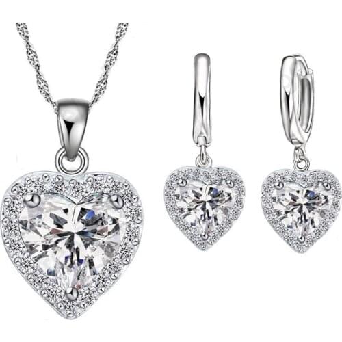 New Korean Trend Heart Design Jewelry Sets 925 Sterling Silver Crystal Pendant Necklace Hoop Earring Women Gift Accessories