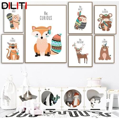 Nordic Boho Animal Nursery Wall Art Cute Deer Bear Panda Owl Canvas Painting Picture for Baby Kids Room Posters and Prints