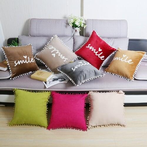 Plush 'smile' Text Embroidery 45*45cm Pillowcase Modern Simplicity Solid Color Hair Ball Peripheral Decoration Throw Pillowcase