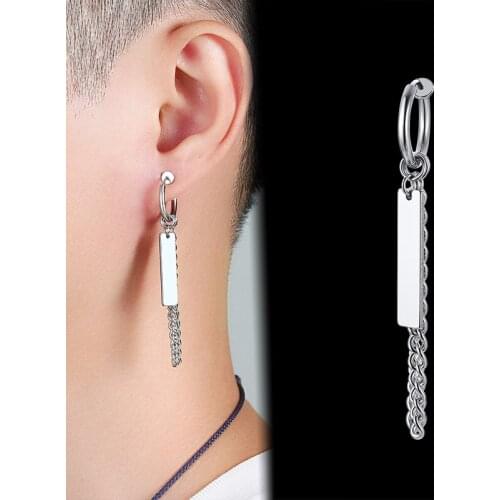 Irregular Long Chain Dangle Earring for Men Unisex Jewelry Rock Punk Stainless Steel Bar Sword Hoop Piercing Without Piercing
