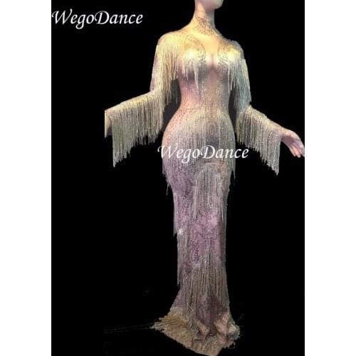 New Sparkly sexy Gold Rhinestones tassel Dress Stage Wear Big Stretch Singer Evening Performance fringe Long Dresses