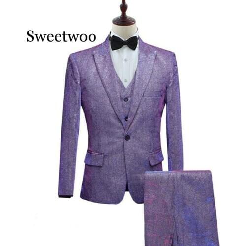 New Mens Fashion Shiny Changed Colorful 3 Pcs Set Suits Purple Gray Blue Wedding Groom Dress Suits