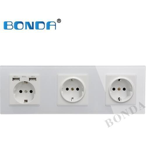 New 16A USB power socket, EU standard, socket panel, three-layer power socket (without plug), crystal tempered glass AC110-250V