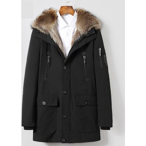 Mens Long Leather Trench Coat Real Raccoon Fur Liner and Raccoon Fur Collar Genuine New Fashion Long Trench Coat Men
