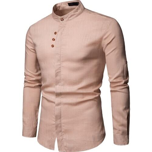 Spring Mens Linen Cotton Stand Collar Button Long Sleeves Tops Shirt Male Casual Shirts C87