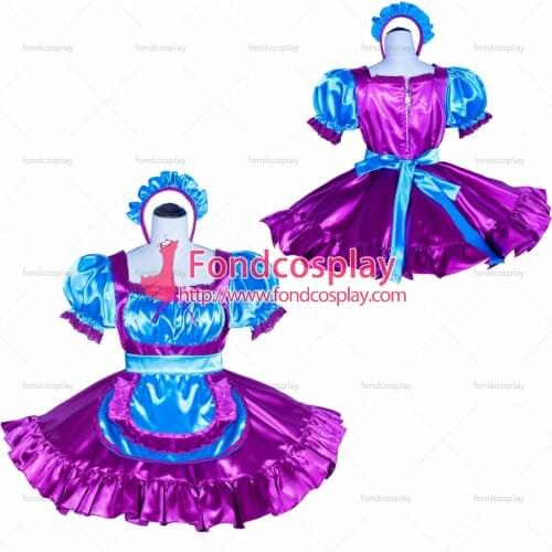 Fondcosplay adult sexy cross dressing sissy maid short French Lockable Blue purple satin Dress Uniform Tailor-made[G4015]