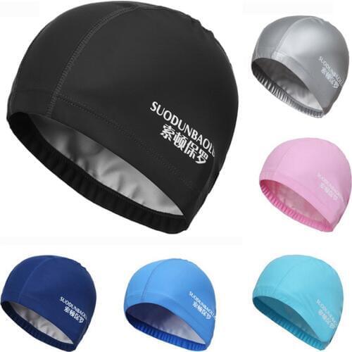 New 2020 Elastic Waterproof PU Fabric Protect Ears Long Hair Sports Swim Pool Hat Swimming Cap Free size for Men & Women Adults