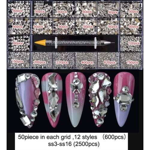 Swarovsky Mixed AB Glass Malachite Green Crystal Diamond In Grids 20 Shape Flatback DIY Rhinestone Nail Art Set With 1 Pen