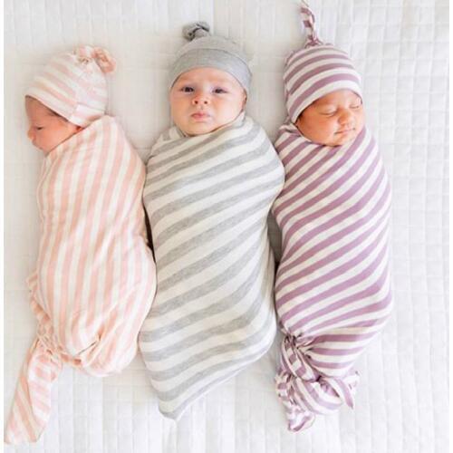 Newborn Baby Stripe Warm Swaddle Sleeping Blanket Wrap Hat Beanie Set For Discharge Newborn 0-6M