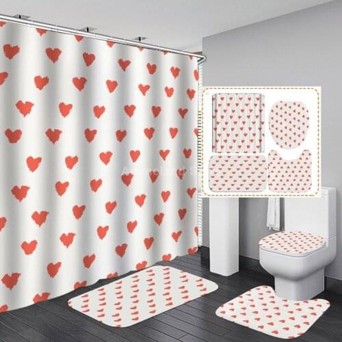 Little Red Heart Shower Curtain With Non Slip Rug Mat Bathroom Curtains Waterproof Polyester Bathroom Curtain with Hooks Modern