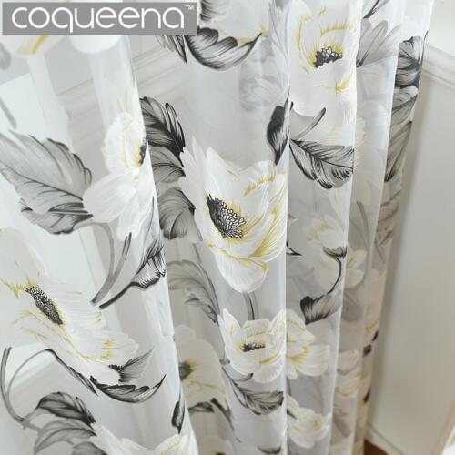 White Floral Gray Sheer Curtains for Living Room Bedroom Modern Tulle Curtains Window Panel Flower Pattern Country Style, 1 PCS