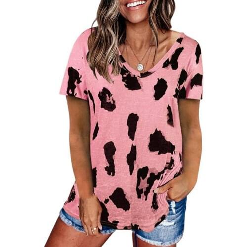 Women Leisure T-shirt Leopard V Neck Cotton Blend Short Sleeve Blouse Loose Top for Shopping Streetwear