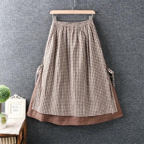 2021 New Spring Summer Women Skirt Japan Style Mori Girl Elastic Waist Plaid Cotton linen Loose Skirts Women