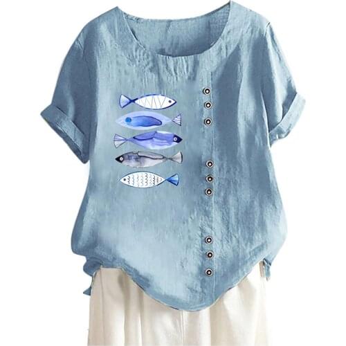 Women Blouses Cotton Linen Blouse Casual Print Short Sleeve O-Neck Plus Size T-Shirt Top Blouse Tunics Loose Shirt Lady Tops