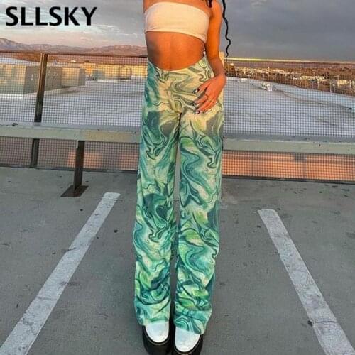 SLLSKY Green Tie Dye Pants Womens Summer New Wide Leg Pants High Waist Y2K Fashion Outfits Streetwear Printed Vintage Trousers