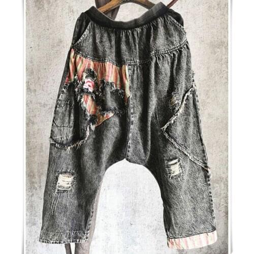 QING MO Blue Black Women Peony Patch Pants 2021 Summer Women Denim Pants Female Holes Cross Pants Loose ZQY7035