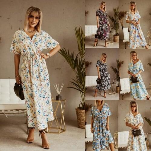 Vintage Maxi Dress Floral Print Women Summer Short Sleeve V-neck High Waist Long Dresses 2021 Woman Elegant Party Dress Vestidos