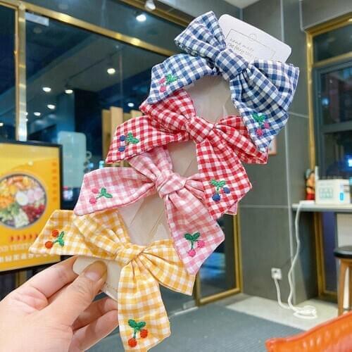 1pc Kids Boutique Grid Embroidery Fruits Cherry Bows With Clips For Kids Girls Handmade Hair Bows Children Hair Accessories