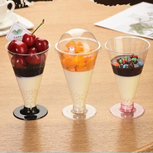 50pcs Goblet Mousse Cup Pudding Cup Wine Glass Aviation Cup Ice Cream Cup Hard Plastic Disposable Transparent Cup With LId 200ml