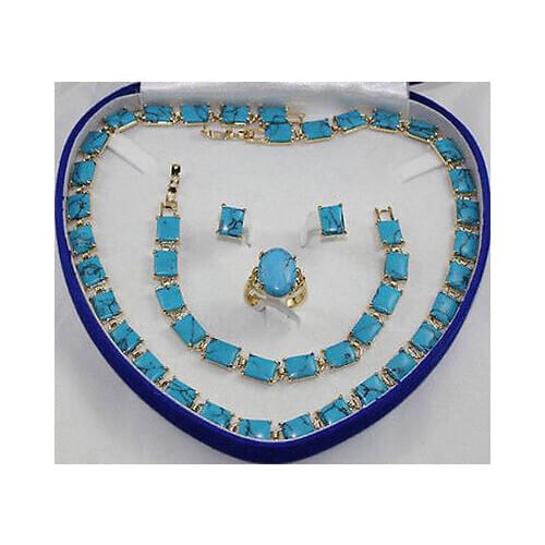 Turquoise necklace bracelet earring ring set>>K GP Plated gold Bridal wide watch wings queen JEWE