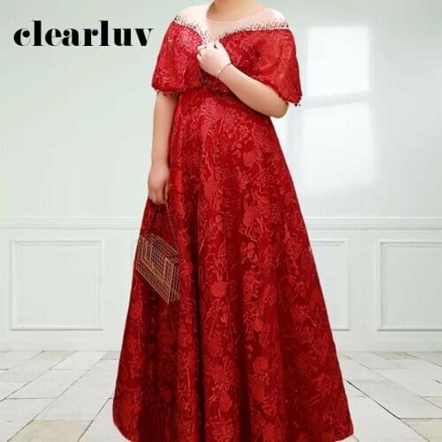 Burgundy Formal Evening Dress DR1064 Shining Crystal O-neck Robe De Soiree Short Sleeve A Line Long Wedding Party Dresses