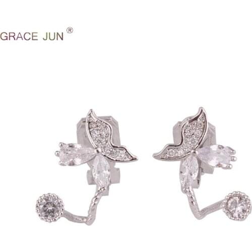 GRACE JUN High-grade CZ Butterlfy Shape Clip Earrings Non Pierced for Women Fashion Bridal Wedding Needn't Ear Hole Earrings New