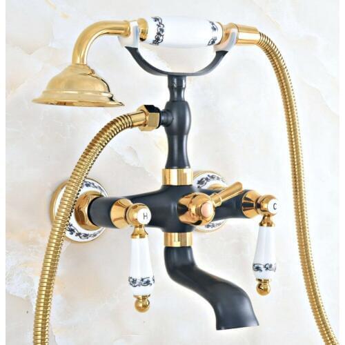 Oil Rubbed Bronze Gold Brass Bathtub Faucet 2 Handles Clawfoot Bath Shower Tub Faucet with Hand Shower Spray - Wall Mount