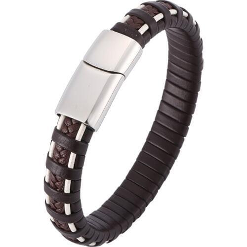 Black Braided Leather Bracelet Men Jewelry Punk S.Steel Magnetic Clasp Casual Leather Wristband Vintage PD0405