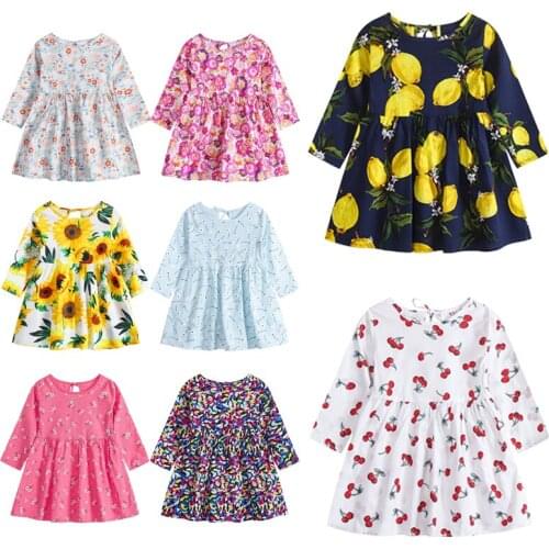 Infant Girls Dress Costume Sunflower Print Cherry Outfit Casual Dresses Long Sleeve Children Summer Kids Sundress Party Clothing